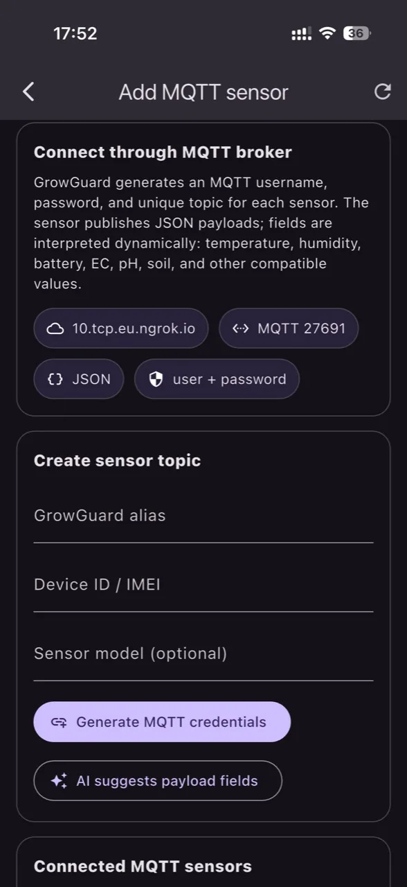 Adaugare senzor MQTT cu topic si credentiale dedicate