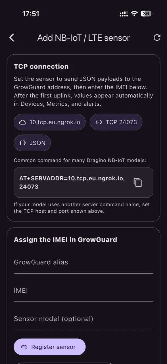 Adaugare senzor NB-IoT sau LTE prin TCP
