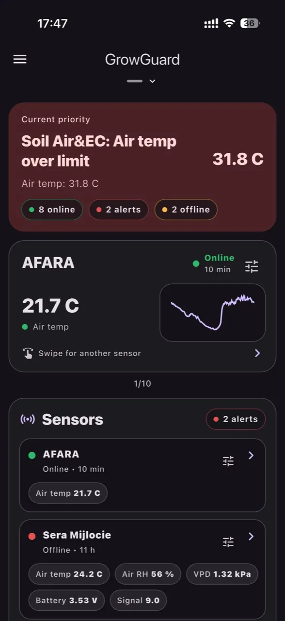 Ecrane GrowGuard si linkuri catre Google Play si App Store