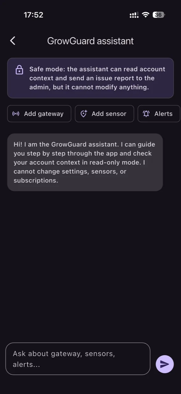 Asistent GrowGuard in mod sigur, doar citire