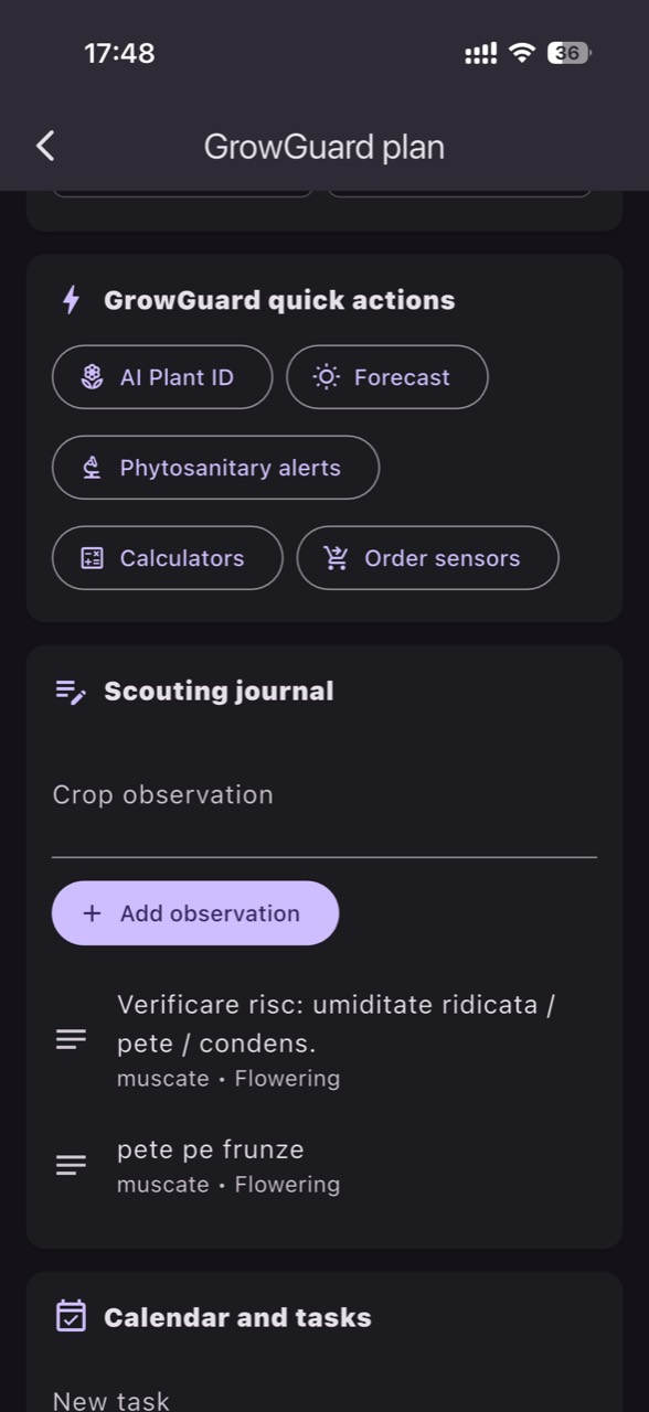 Quick actions and scouting journal in GrowGuard