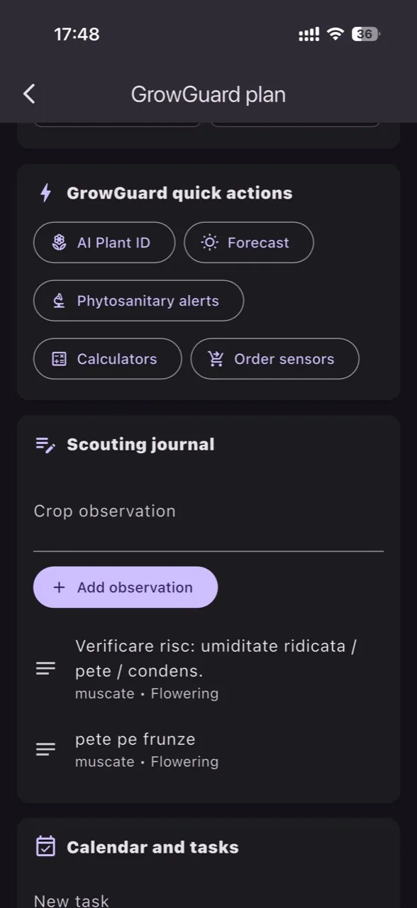 Actiuni rapide si jurnal scouting in GrowGuard