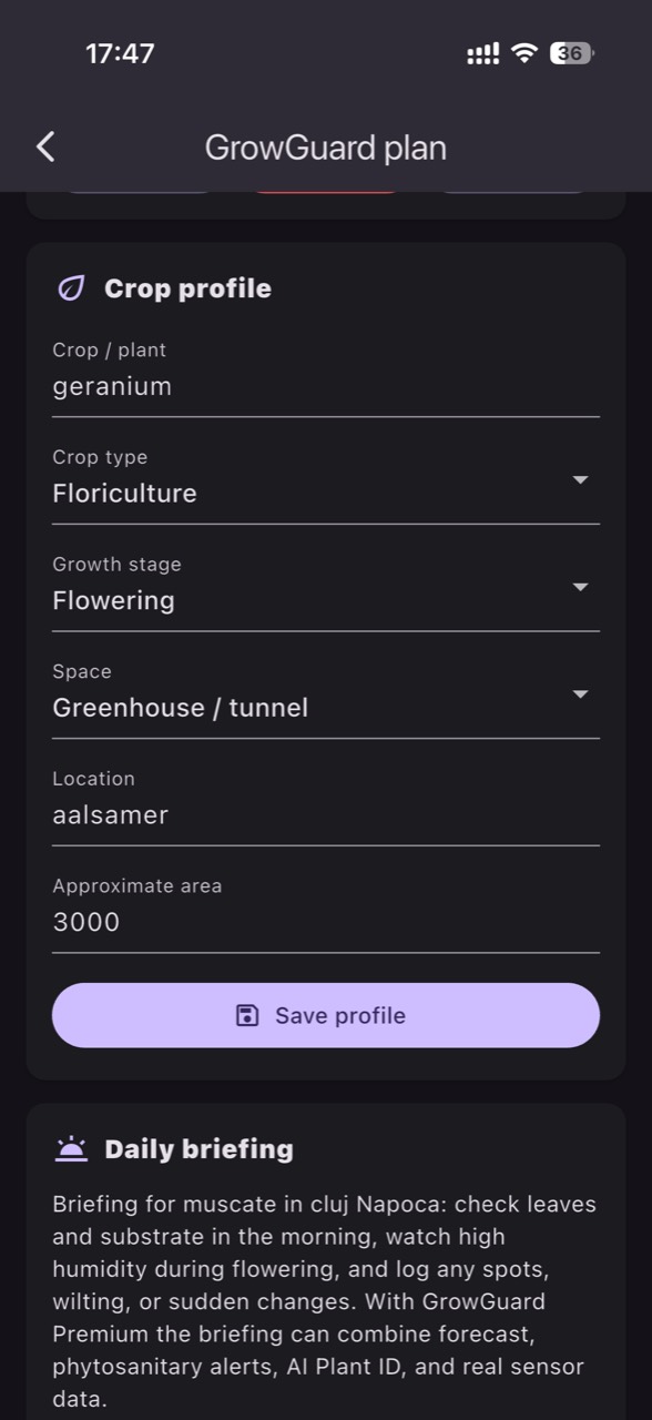 Crop profile and daily briefing in GrowGuard