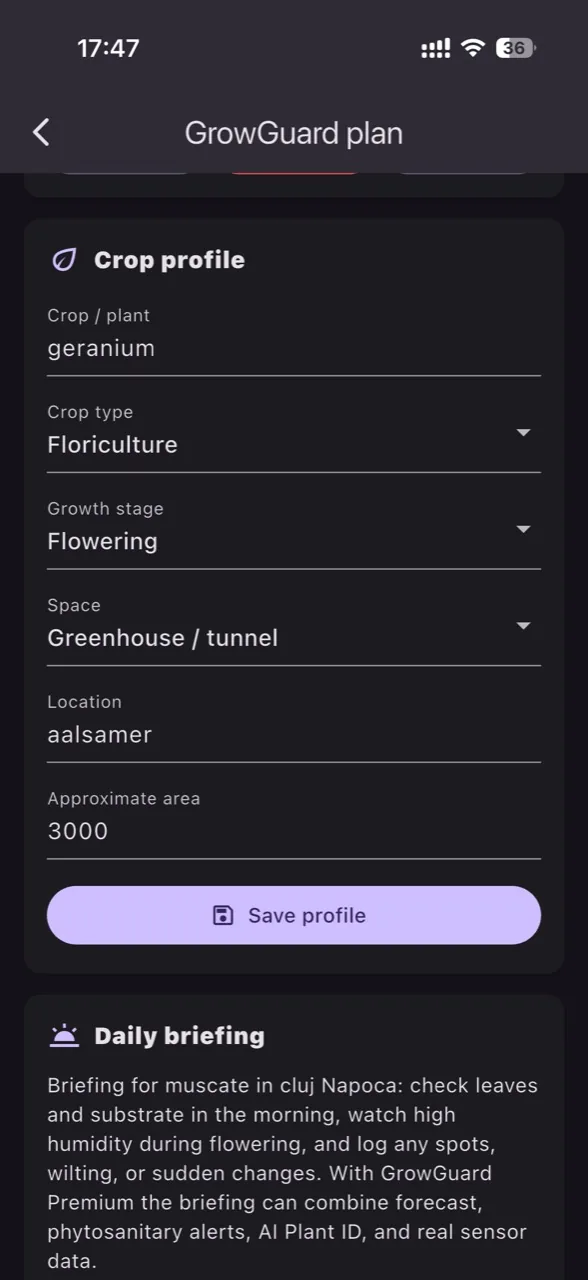 Profil cultura si briefing zilnic in GrowGuard