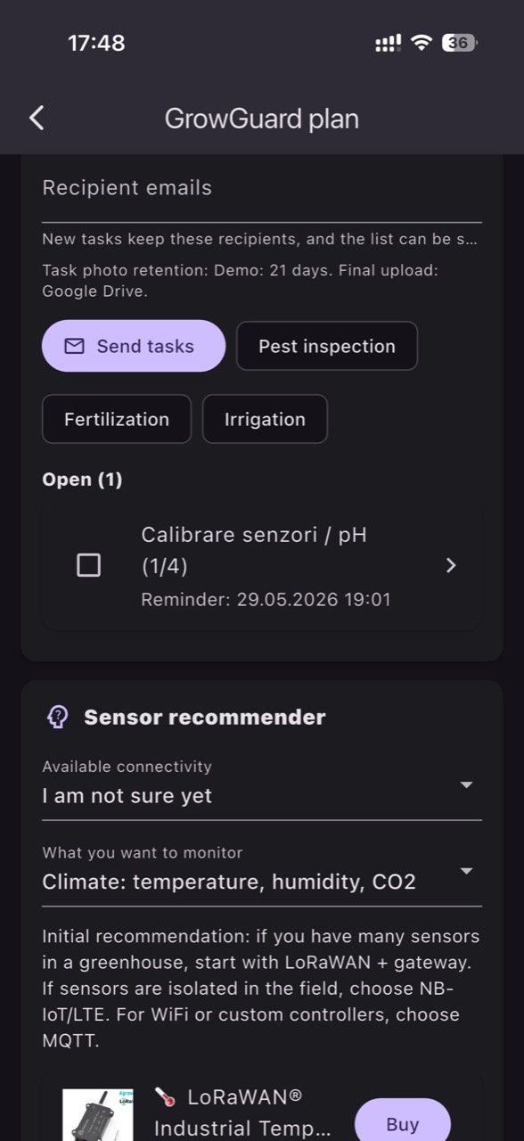 Tasks and sensor recommender in GrowGuard