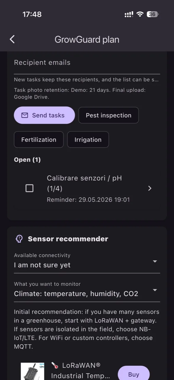 Taskuri si recomandare senzori in GrowGuard