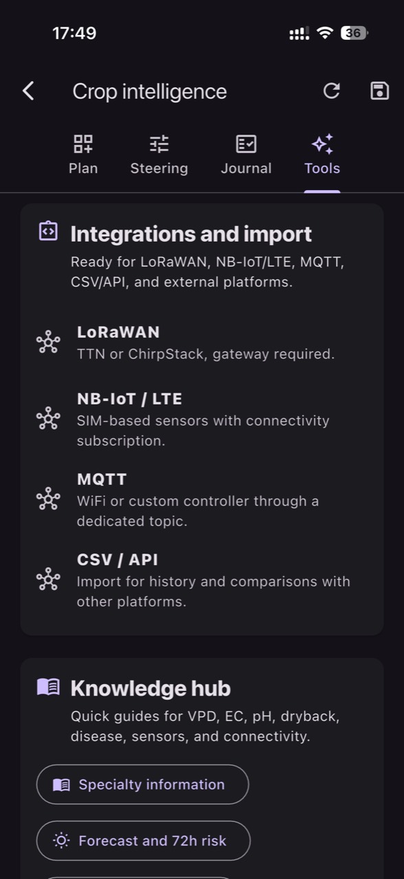 Integrare LoRaWAN, NB-IoT, MQTT, CSV si API in GrowGuard