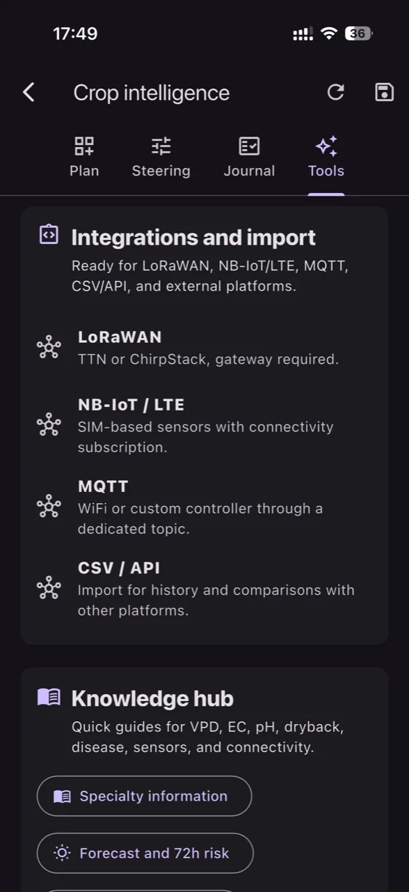 Integrare LoRaWAN, NB-IoT, MQTT, CSV si API in GrowGuard