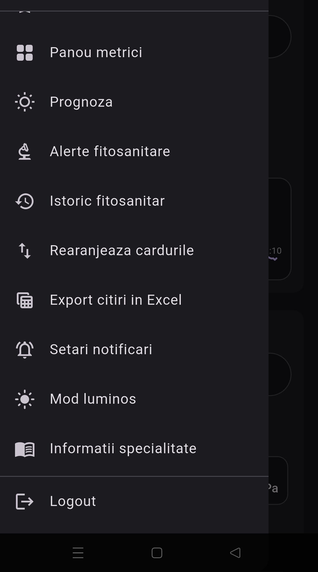 Meniu GrowGuard cu functiile principale