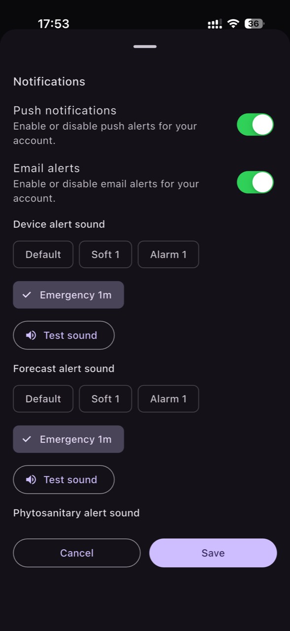 Push, email, and custom sound settings