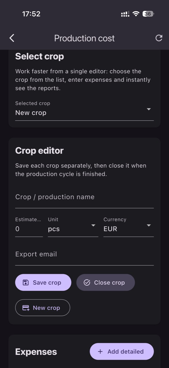 Production cost calculator in GrowGuard