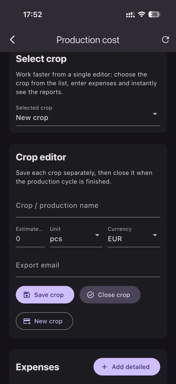 Calculator cost productie in GrowGuard