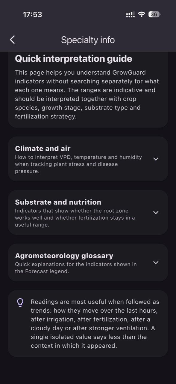 Specialty information for VPD, EC, pH, and forecast
